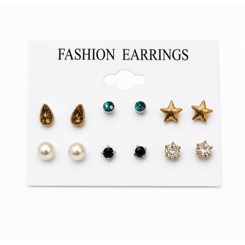 6 Pair Fashion Stud Earring Set Gold Tone Aqua Black Brown Faux Pearl & Diamond